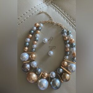 Ashro Faux Pearl Double Stand necklace w/ matching earrings